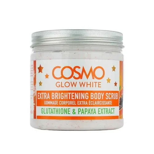 قشر الجسم كوزمو جلو وايت (Cosmo Glow White Extra Brightening Body Scrub) بخلاصة الجلوتاثيون والبابايا هو منتج مصمم لتفتيح البشرة وتقشيرها بلطف.